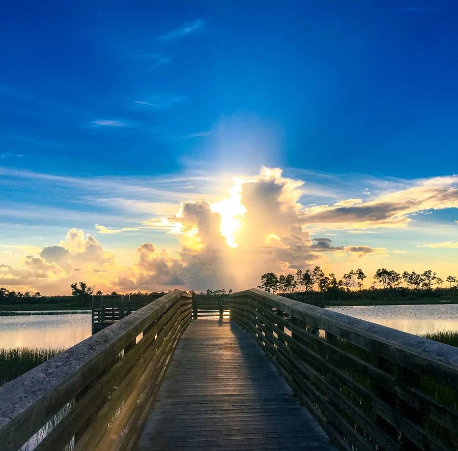 wooden bridge leading to a beautiful sunset in the Florida marsh after a storm